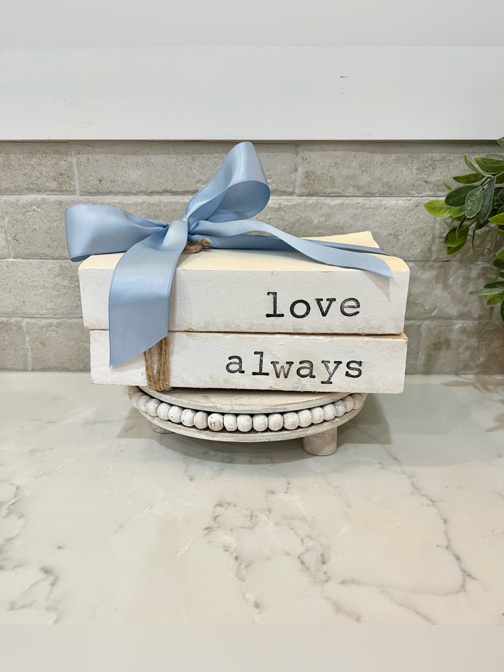 White Decorative real Book Stack with Light Blue Ribbon - Love Always